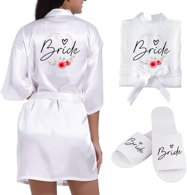 Bride szlafrok damski, satynowy, kimono z dekoltem w kształcie litery V, bielizna nocna z kapciami na wesele, dekoracja imprezowa