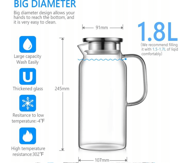 Szklana karafka o pojemności 1,8 l ze szkła borokrzemowego - obrazek 2