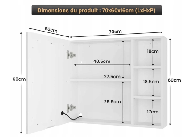 Szafka z toaletowa z lustrem 70 cm z oświetleniem LED Regulowana półka - obrazek 3