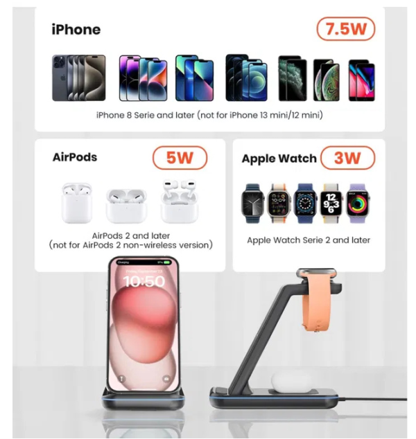 Ładowarka bezprzewodowa, 3 w 1 Stacja ładująca do iPhone GEEKERA - obrazek 4