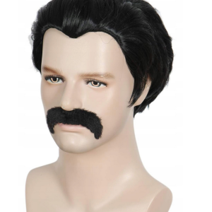 Męska peruka Disco Dirt Bag i wąsy, cosplay na Halloween, czarna peruka