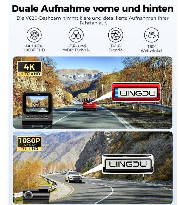 LINGDU V620 Kamera Samochodowa 4K 1080P WiFi GPS 64GB Karta SD 170° - obrazek 2