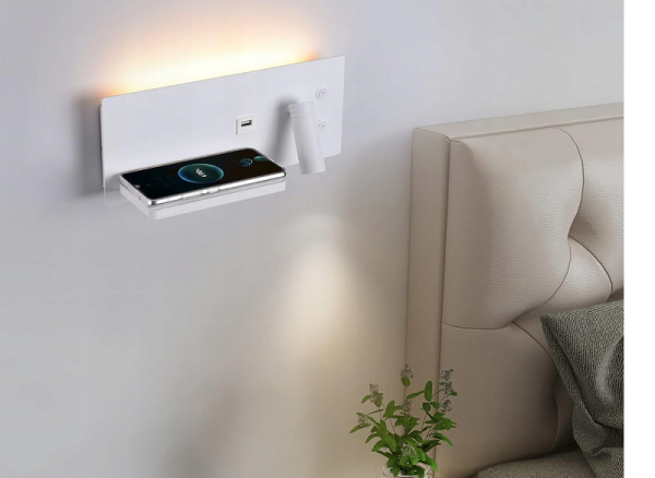 Kinkiet LED Ścienny z Półką i USB Lampka Nocna do Czytania Regulowany Spot