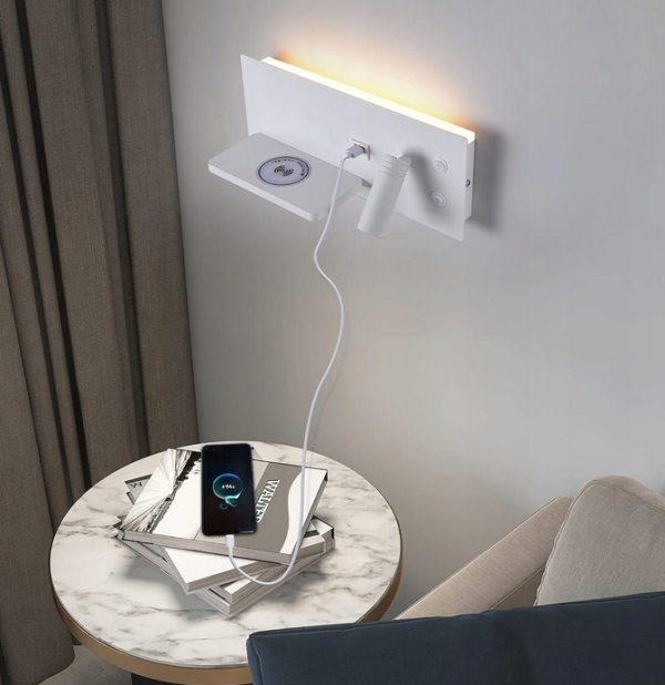 Kinkiet LED Ścienny z Półką i USB Lampka Nocna do Czytania Regulowany Spot - obrazek 4