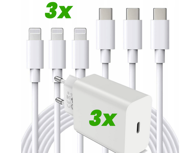 Zestaw kabli USB typ C - Apple Lightning iLikable + 3 ładowarki
