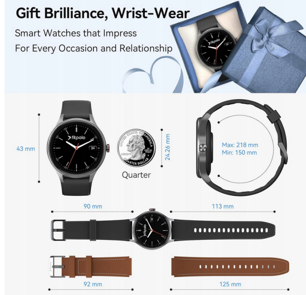 Fitpolo dla mężczyzn/kobiet (2 paski), okrągły smartwatch 1,575 Bluetooth - obrazek 5