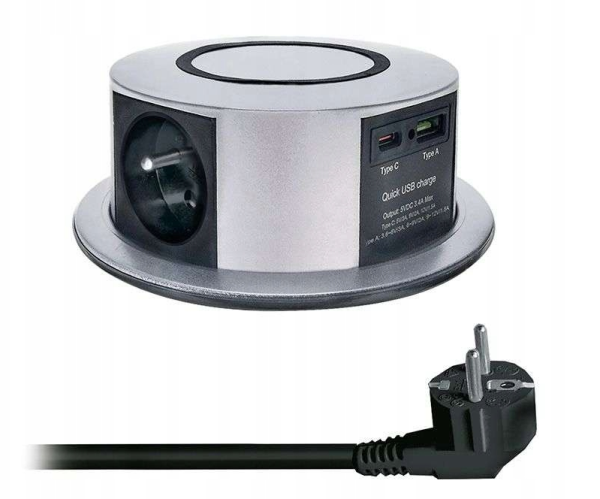 Solight 3z + USB A+C 20W PD, Wireless 10W, wysuwany blok gniazd, 2m- z wadą
